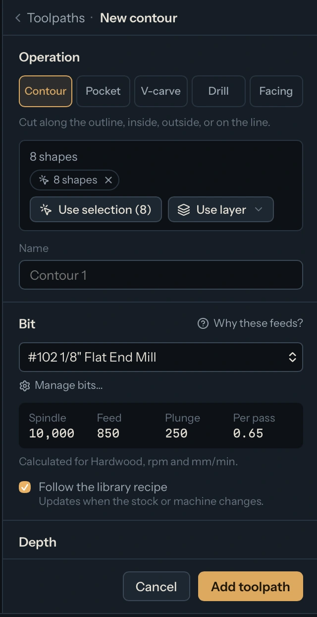 A contour operation with the selected bit, calculated starting settings and cut depth